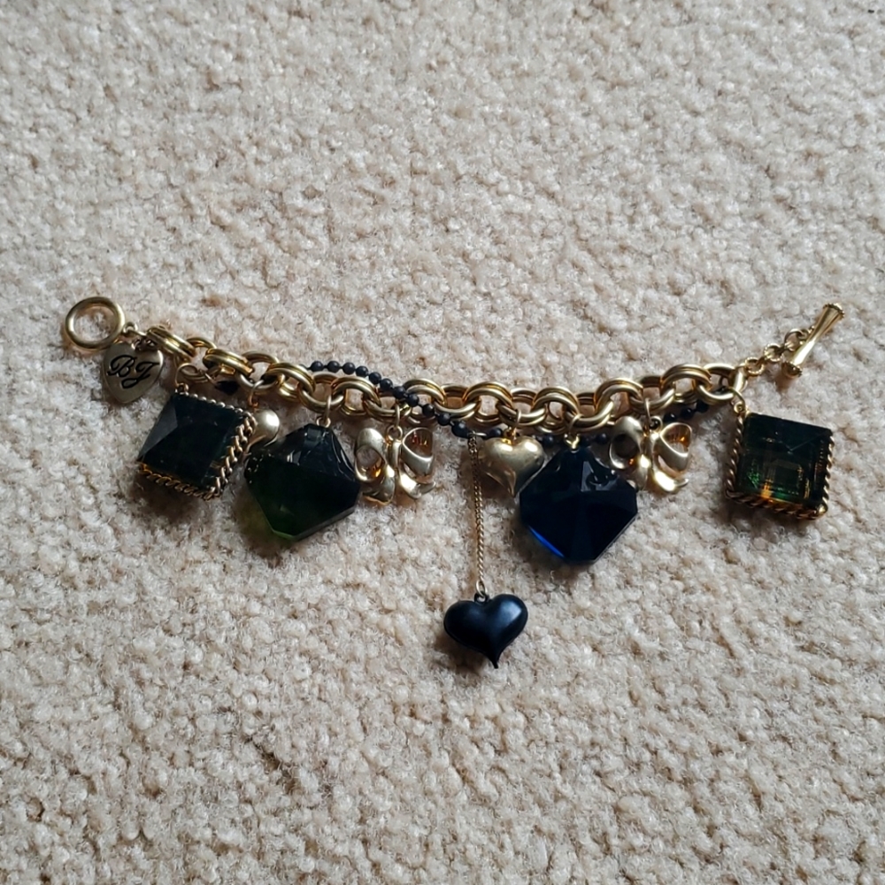 Vintage Betsey Johnson green/blue/gold charm bracelet with toggle closure